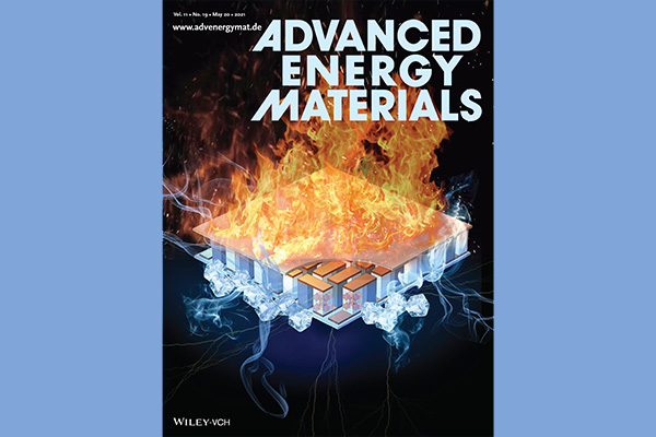 Légende de l’image : Couverture de la Revue Advanced Energy Materials for Energy représentant un dispositif thermoélectrique constitué de nombreux couples de jambes thermoélectriques à base de composés skuttérudites semi-conducteurs de type n et de type p). Ces couples sont connectés électriquement en série par des contacts métalliques en cuivre et thermiquement en parallèle entre deux plaques céramiques. La différence de température entre les deux faces du dispositif va permettre de générer une puissance é
