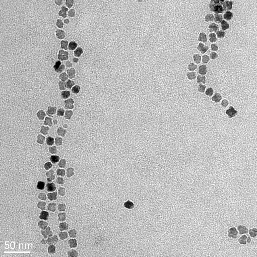 Micrographie par microscopie electronique en Transmission de Nanoparticules cubiques de type core/shell de compostion Zn0.4Fe2,6O4@MnFe2O4